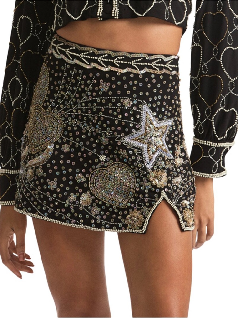 LoveShackFancy Lani Black Mini Skirt with Silver & Gold Sequin Embellishment